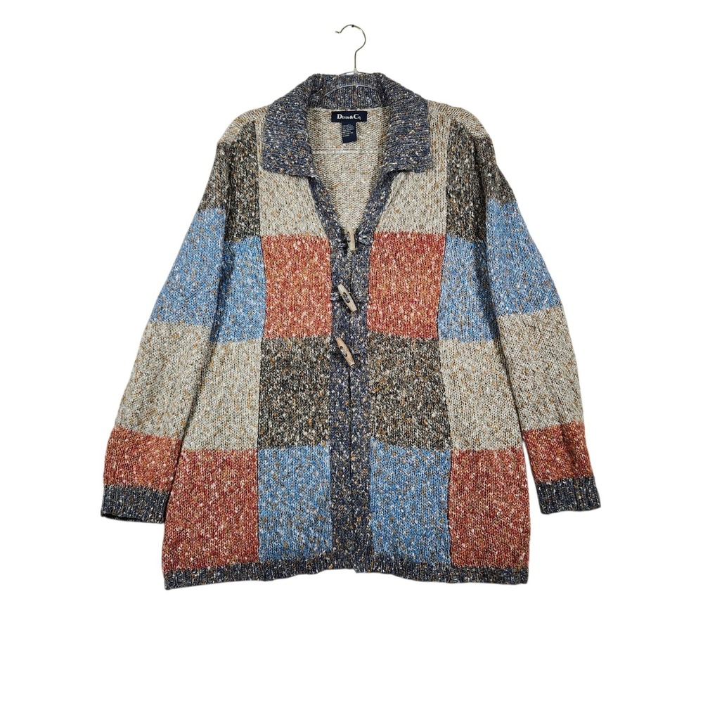 Denim & Co Cardigan Women L Multicolor Patchwork Toggle Buttons Knit Sweater